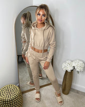 Alicia Cropped Hoodie & Trousers Loungewear Set - Beige